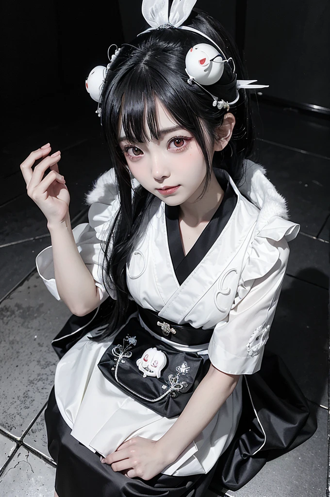 (1 girl:1.2), alone, Hime Cut,Traditional clothing of Japan, Red eyes,cartoon style, Joe Fenton, Expressionless black and white photo, camp, Undeserved, Bite, envy, Gust (Lovecraft),Calm, A kind smile, Wayne Barlow,, in gochuumon wa usagi desu ka? style, nostalgic