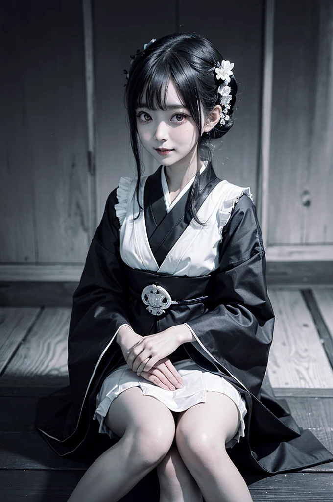 (1 girl:1.2), alone, Hime Cut,Traditional clothing of Japan, Red eyes,cartoon style, Joe Fenton, Expressionless black and white photo, camp, Undeserved, Bite, envy, Gust (Lovecraft),Calm, A kind smile, Wayne Barlow,, in gochuumon wa usagi desu ka? style, nostalgic