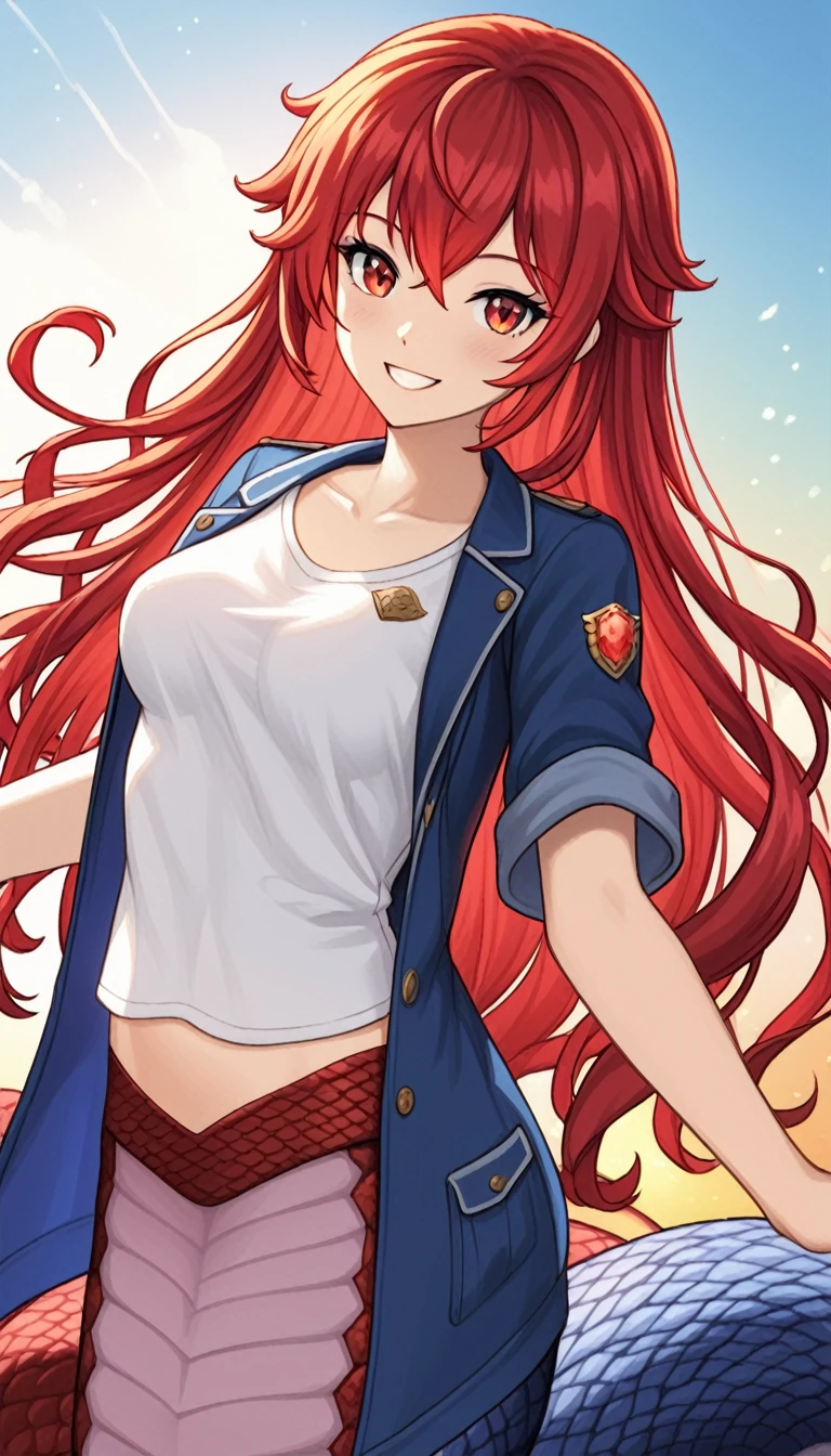 anime fantasy art style, a Goddess Lamia, flaming ruby ​​red hair, long and flowing, beautiful bright red eyes, wearing a blue coat and stylish white t-shirt, hourglass body, looking at the viewer with a smile and posing with open arms. Detailed design, high quality, dynamic light