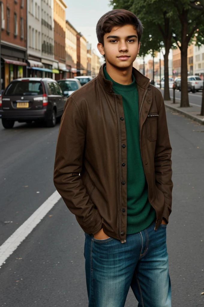 an 18 year old boy,BROWN SKIN,green eyes,Brown hair,background in a city 