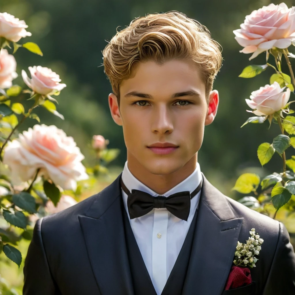 Create an image of a young man inspired by the characteristics of the rose 'The Prince.' 23 year old male supermodel, attractive and exotic, short curly blonde hair, a masculine appearance with slender smooth body, delicate and symmetrical face, natural olive skin tone, He standing with a relaxed yet confident posture, against a blue rose bush. wear a Jockstrap deep rich dark red-purple color, thick bulge focus, with Victorian-inspired robe adorned with intricate embroidery and subtle thorn-like details on his accessories. His attire should echo the complex, multi-petaled structure of the rose, with layers and textures that add depth to his appearance. The composition should center on the young man, with a slight off-center placement to draw the eye towards him while still incorporating of garden background. The lighting should be soft and diffused, with golden-hour sunlight filtering through the leaves, creating a warm, inviting atmosphere. Use a shallow depth of field to keep the focus on the subject while gently blurring the background, enhancing the dreamy, almost ethereal quality of the scene. The environment should be a well-tended garden, with glossy green leaves and blooming roses that match the man's attire, creating a harmonious blend between the subject and his surroundings. The atmosphere should be serene and regal, with a hint of mystery and romance. Photography techniques should include a low-angle shot to emphasize the young man's stature and elegance, and a slight tilt to add a dynamic element to the composition. Use a full-frame DSLR or mirrorless camera, such as a Canon EOS R7 paired with a prime lens like an 85mm f/1.4 to achieve a beautiful bokeh effect and sharp subject focus. by Tim Walker known for his fantastical and richly detailed fashion photography, which often features elements of nature and a dreamlike Hight quality.