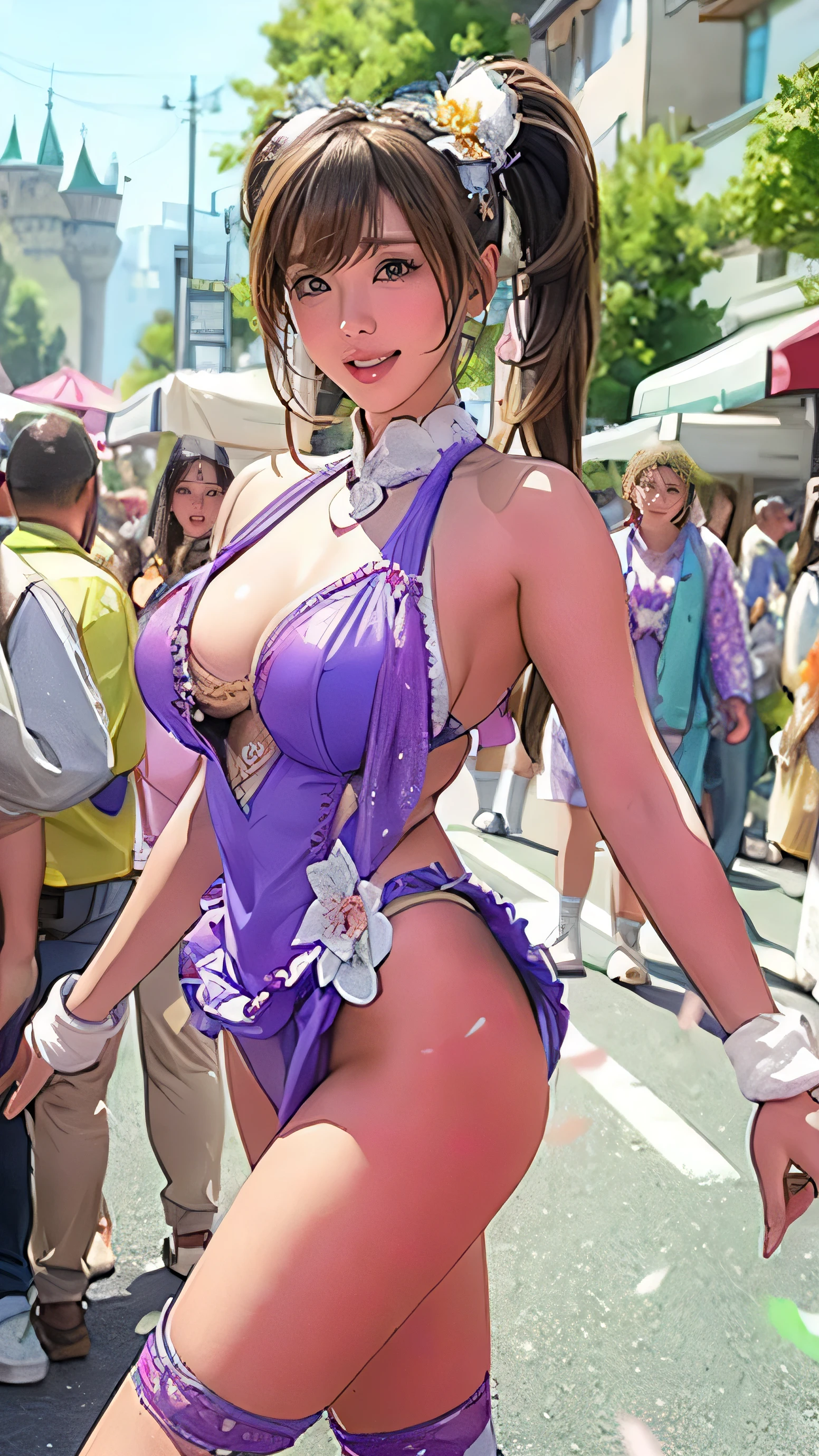 Highest quality, Official Art, masterpiece, Fabric Shading, High resolution, Very detailed, colorful, Best details, Fantasy, High leg samba costume:1.5, Yuki Mori:1.5, 1 female, Age 25, Brown Hair, Short Hair, Twin tails,Naturally flowing bangs, puffy , Walking in a parade, A castle town with an old castle view, sunny, , skinny, Being surrounded by many people:1.9, Confetti falling, Blessed, welcome:1.5, :1.7, Ground level shot:,