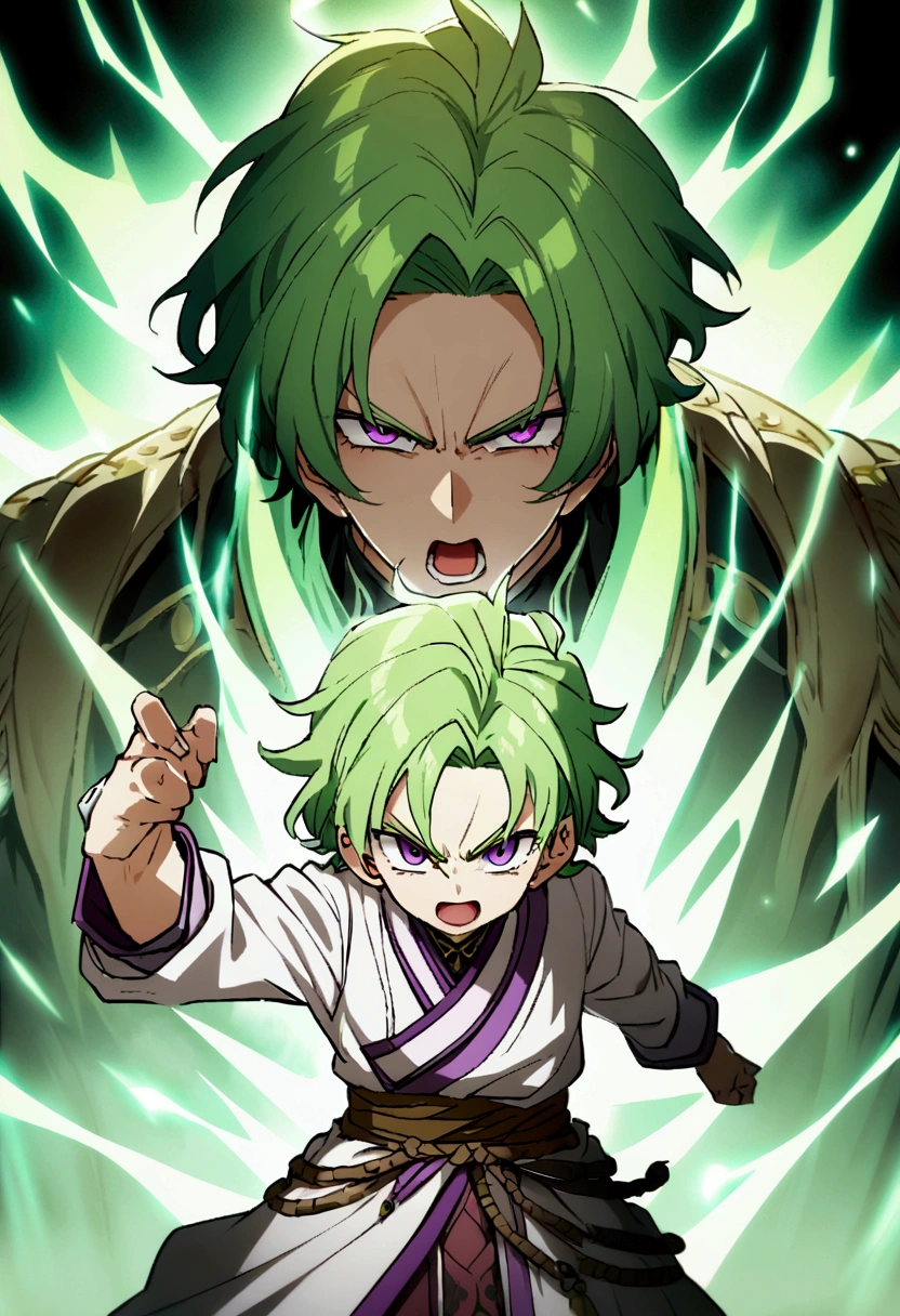 An image of a boy with green hair, Purple eyes with an expression of astonishment looking at the camera in the style of Akira Toryama