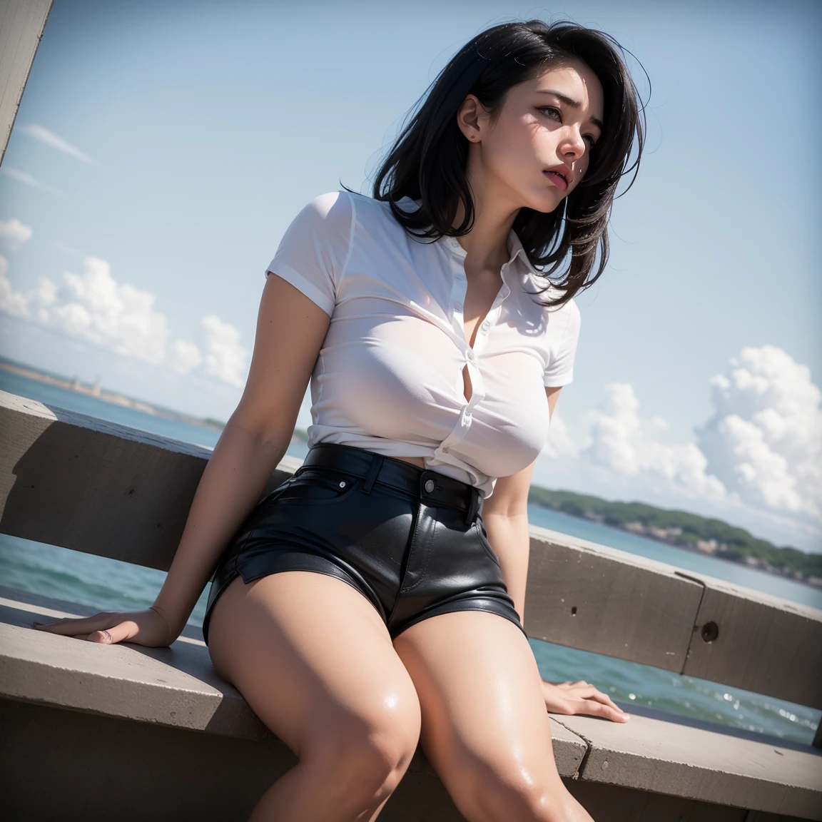high angle, american shot, high quality, masterpiece photorealistic cinematography 8k, teenage woman with very dark blue-black hair, punk style hairstyle, sad expression, biting your lip, sitting looking towards the sky, black leather shorts with holes, white unbuttoned blouse, thick thighs, sensual dream body wide legs, natural texture,beautiful and perfect eyes of steel color,