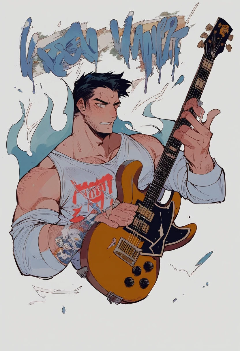 Vintage tshirt print design (on a white background:1.2), digital art of a Gibson Les Paul Guitar with the writing "Live The Rhythm"
in graffiti-style font, with spray paint effects and urban background, (comics style:1.2), highly detailed, 4k, masterpiece. The white background should be separated from the main image for easier removal.