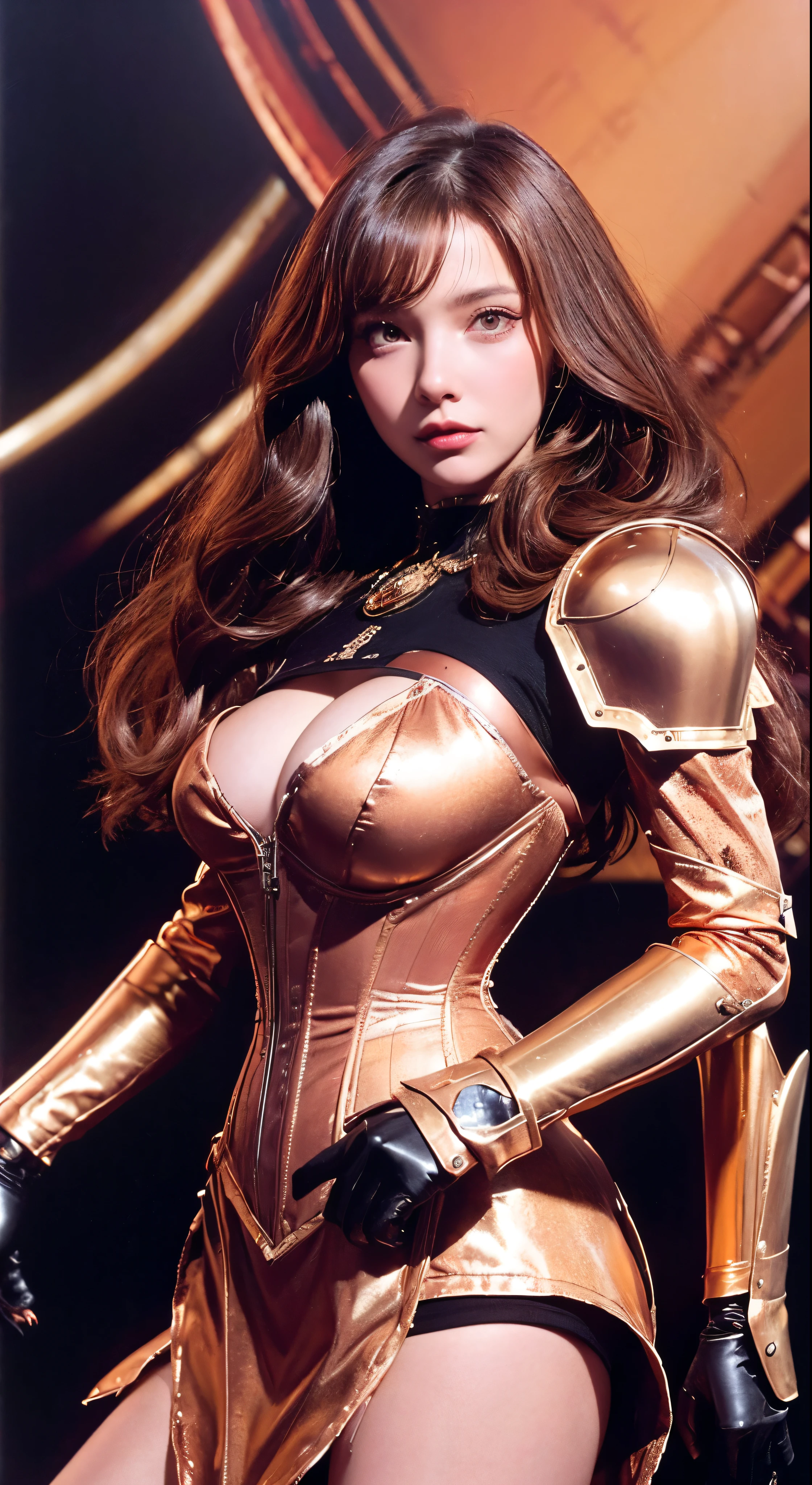 a close up of a woman in a corset dress with a bunch of people, les edwards poster art, golden and copper armor, mech, seventies, face like ester exposito, 1 9 7 0 s female alive, key frame, dollpunk, band of gold round his breasts, barbarella, metalic, mechanical, mechanical superstructure  