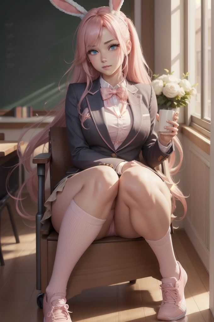 bunny, , pink hair, long hair, big ass, athletic body, (blush: 1.3), pink blazer, bow, bow tie, white shirt, jacket, long sleeves, , , shirt, shoes, skirt, white shirt, open shirt pink skirt, short skirt, pink socks, BREAK looking at viewer, full body, BREAK indoors, classroom, BREAK (Artwork:1.2), best quality, high resolution, 8k unity wallpaper, (illustration: 0.8) , (beautiful detailed eyes:1.6) , extremely detailed face, perfect lighting, extremely detailed CG, (perfect hands, perfect anatomy) very big chest, sexy body