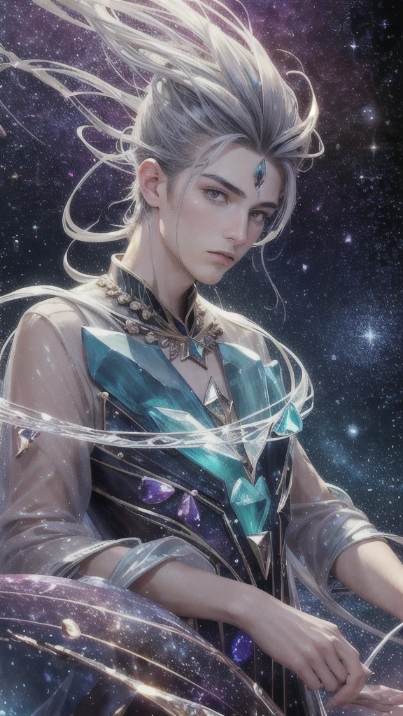 (masterpiece, top quality, best, official art, beautiful and aesthetic, long exposure:1.2), luminous trails, captivating patterns, visual chaos,
(1man, masculine, adult hungarian male:1.2), silver eyes, black taper fade,
(style-swirlmagic:0.7), portrait, solo, (full body:0.6), looking at viewer, detailed background, detailed face, (GemstoneAI, gemstone theme:1.1) embodied star constellation, star sign, horoscope, calm composure, mythical, scorpio, patterns, interstellar , galaxies, aura, floating particles, backlighting, cosmic space background, surreal ethereal atmosphere,