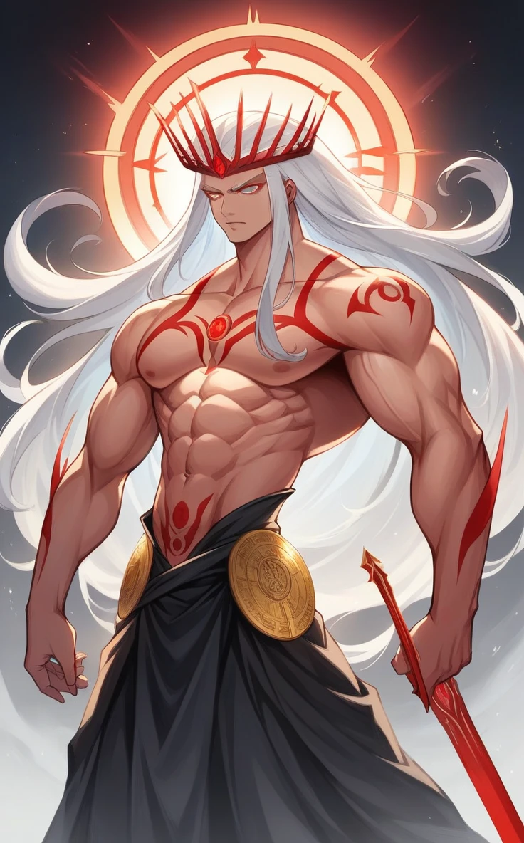 1girl, extremely detailed eyes and face, long eyelashes, pale flawless skin, intricate deep red markings, pulsating with mystical energy, glacial gray eyes, penetrating the soul, infinite wisdom, unwavering determination, cascading white hair, dramatically contrasting red tattoos, tall and slender, well-defined muscles, grace and strength, broad shoulders, powerful arms, warrior and judge, long sword with blood-red blade radiating power and justice, golden symbols glowing with inner light, golden medallion with scales symbol, crown of golden rays emanating from forehead like halo, elevated status among deities, pure of purpose, minimalistic black outfit, accentuating athletic form, revealing red markings, balance of practicality and symbolism, freedom of movement, commitment to raw truth, (best quality,8k,ultra-detailed,photo-realistic:1.37),cinematic lighting,dramatic chiaroscuro,epic fantasy art,dark fantasy,concept art,digital painting, semi naked