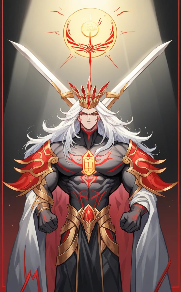 1girl, extremely detailed eyes and face, long eyelashes, pale flawless skin, intricate deep red markings, pulsating with mystical energy, glacial gray eyes, penetrating the soul, infinite wisdom, unwavering determination, cascading white hair, dramatically contrasting red tattoos, tall and slender, well-defined muscles, grace and strength, broad shoulders, powerful arms, warrior and judge, long sword with blood-red blade radiating power and justice, golden symbols glowing with inner light, golden medallion with scales symbol, crown of golden rays emanating from forehead like halo, elevated status among deities, pure of purpose, minimalistic black outfit, accentuating athletic form, revealing red markings, balance of practicality and symbolism, freedom of movement, commitment to raw truth, (best quality,8k,ultra-detailed,photo-realistic:1.37),cinematic lighting,dramatic chiaroscuro,epic fantasy art,dark fantasy,concept art,digital painting, semi naked
