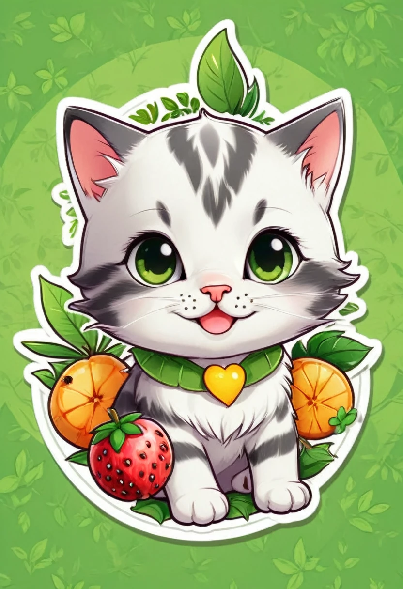 sticker,( little kitten)，happy expressions，cute clothes，in circle with wild fruits, hawaiian background, green border，Simpler, ultra detaild, drawning detalhado, vectorised, 8k, design de sticker profissional, flat design, vector lines, sticker, drawning, drawning, Full HD