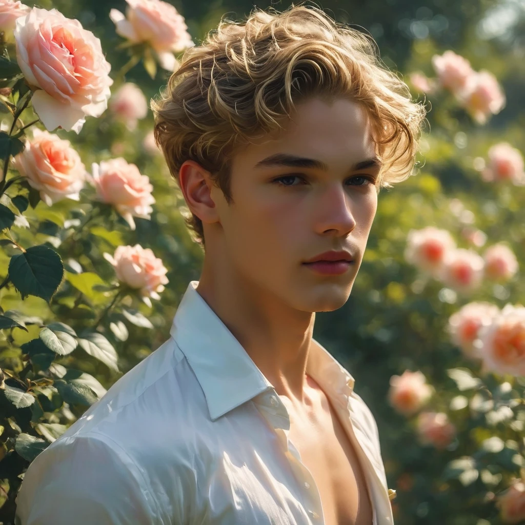 Create an image of a young man supermodel, 23 year old male supermodel, attractive and exotic, short curly blonde hair, a masculine appearance with slender smooth body, delicate and symmetrical face, natural olive skin tone, inspired by the characteristics of the rose 'The Prince.' He standing with a relaxed yet confident posture, against a blue rose bush. naked body, wear a Jockstrap only, thick cock line, (bulge focus), with tattoo intricate subtle thorn-like details and multi-petaled structure of the rose, with layers and textures that add depth to his appearance. The composition should center on the young man, with a slight off-center placement to draw the eye towards him while still incorporating of garden background. The lighting should be soft and diffused, with golden-hour sunlight filtering through the leaves, creating a warm, inviting atmosphere. Use a shallow depth of field to keep the focus on the subject while gently blurring the background, enhancing the dreamy, almost ethereal quality of the scene. The environment should be a well-tended garden, with blooming roses that match the man's attire, creating a harmonious blend between the subject and his surroundings. The atmosphere should be serene and regal, with a hint of mystery and romance. Photography techniques should include a low-angle shot to emphasize the young man's stature and elegance, and a slight tilt to add a dynamic element to the composition. Use a full-frame DSLR or mirrorless camera, such as a Canon EOS R7 paired with a prime lens like an 85mm f/1.4 to achieve a beautiful bokeh effect and sharp subject focus. by Tim Walker known for his fantastical and richly detailed fashion photography, which often features elements of nature and a dreamlike Hight quality,