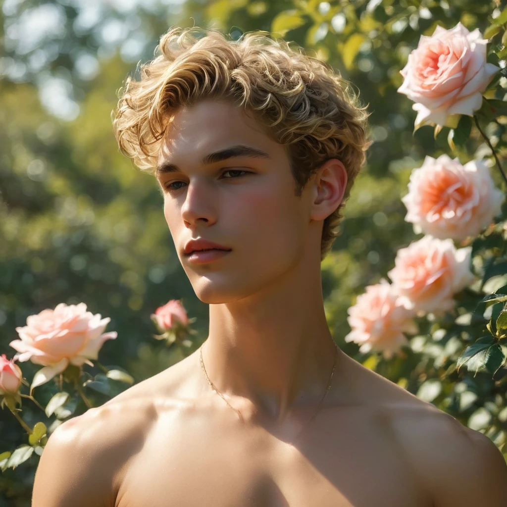 Create an image of a young man supermodel, 23 year old male supermodel, attractive and exotic, short curly blonde hair, a masculine appearance with slender smooth body, delicate and symmetrical face, natural olive skin tone, inspired by the characteristics of the rose 'The Prince.' He standing with a relaxed yet confident posture, against a blue rose bush. naked body, wear a Jockstrap only, thick cock line, (bulge focus), with tattoo intricate subtle thorn-like details and multi-petaled structure of the rose, with layers and textures that add depth to his appearance. The composition should center on the young man, with a slight off-center placement to draw the eye towards him while still incorporating of garden background. The lighting should be soft and diffused, with golden-hour sunlight filtering through the leaves, creating a warm, inviting atmosphere. Use a shallow depth of field to keep the focus on the subject while gently blurring the background, enhancing the dreamy, almost ethereal quality of the scene. The environment should be a well-tended garden, with blooming roses that match the man's attire, creating a harmonious blend between the subject and his surroundings. The atmosphere should be serene and regal, with a hint of mystery and romance. Photography techniques should include a low-angle shot to emphasize the young man's stature and elegance, and a slight tilt to add a dynamic element to the composition. Use a full-frame DSLR or mirrorless camera, such as a Canon EOS R7 paired with a prime lens like an 85mm f/1.4 to achieve a beautiful bokeh effect and sharp subject focus. by Tim Walker known for his fantastical and richly detailed fashion photography, which often features elements of nature and a dreamlike Hight quality,