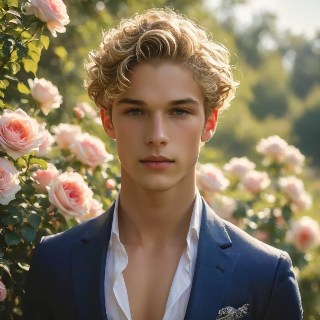 Create an image of a young man supermodel, 23 year old male supermodel, attractive and exotic, short curly blonde hair, a masculine appearance with slender smooth body, delicate and symmetrical face, natural olive skin tone, inspired by the characteristics of the rose 'The Prince.' He standing with a relaxed yet confident posture, against a blue rose bush. naked body, wear a Jockstrap only, thick cock line, (bulge focus), with tattoo intricate subtle thorn-like details and multi-petaled structure of the rose, with layers and textures that add depth to his appearance. The composition should center on the young man, with a slight off-center placement to draw the eye towards him while still incorporating of garden background. The lighting should be soft and diffused, with golden-hour sunlight filtering through the leaves, creating a warm, inviting atmosphere. Use a shallow depth of field to keep the focus on the subject while gently blurring the background, enhancing the dreamy, almost ethereal quality of the scene. The environment should be a well-tended garden, with blooming roses that match the man's attire, creating a harmonious blend between the subject and his surroundings. The atmosphere should be serene and regal, with a hint of mystery and romance. Photography techniques should include a low-angle shot to emphasize the young man's stature and elegance, and a slight tilt to add a dynamic element to the composition. Use a full-frame DSLR or mirrorless camera, such as a Canon EOS R7 paired with a prime lens like an 85mm f/1.4 to achieve a beautiful bokeh effect and sharp subject focus. by Tim Walker known for his fantastical and richly detailed fashion photography, which often features elements of nature and a dreamlike Hight quality,