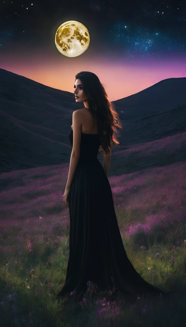 beautiful lebanese girl with a very long hair wearing black dress standing in the meadow in moon light, looking to the stars, psychedelic, dreamy, cinematic