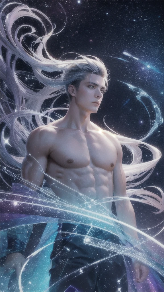 (masterpiece, top quality, best, official art, beautiful and aesthetic, long exposure:1.2), luminous trails, captivating patterns, visual chaos,
(1man, masculine, adult hungarian male:1.2), silver eyes, black taper fade,
(style-swirlmagic:0.7), portrait, solo, (full body:0.6), looking at viewer, detailed background, detailed face, (GemstoneAI, gemstone theme:1.1) embodied star constellation, star sign, horoscope, calm composure, mythical, scorpio, patterns, interstellar , galaxies, aura, floating particles, backlighting, cosmic space background, surreal ethereal atmosphere,