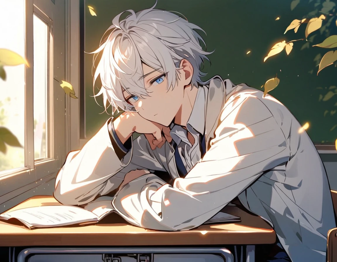 Handsome, Solitary, 1 male, White hair, blue eyes, White shirt, Light-colored coat,Quiet face, in the classroom,Sleeping on the desk,The sunlight outside the window was blocked by a small part of the leaves and shone on his face