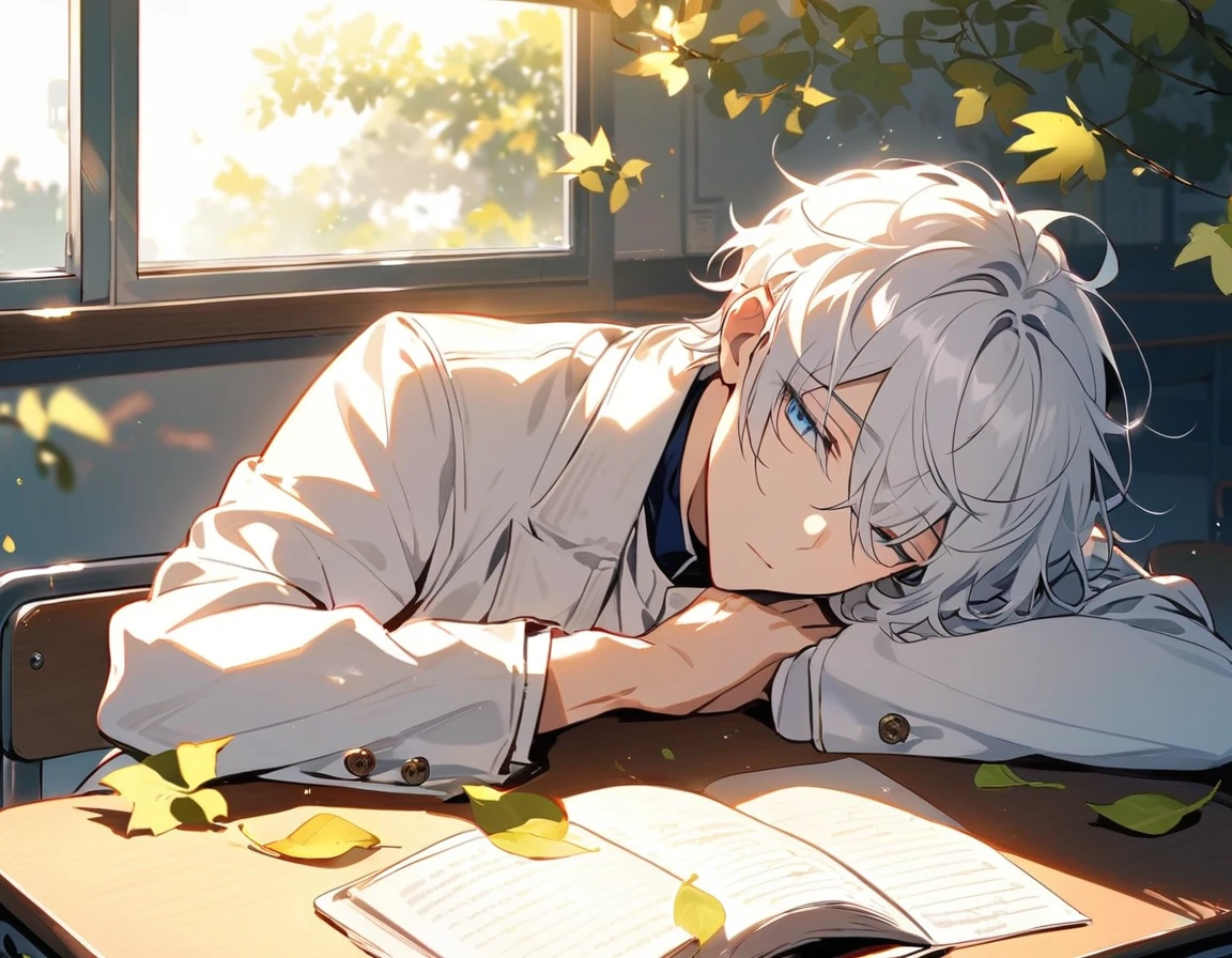 Handsome, Solitary, 1 male, White hair,  blue eyes, White shirt, Light-colored coat,Quiet face, in the classroom，Sleeping on the desk，The sunlight outside the window was blocked by a small part of the leaves and shone on his face