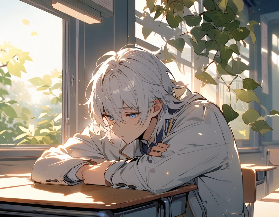 Handsome, Solitary, 1 male, White hair,  blue eyes, White shirt, Light-colored coat,Quiet face, in the classroom，Sleeping on the desk，The sunlight outside the window was blocked by a small part of the leaves and shone on his face