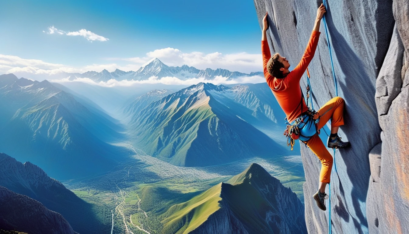 A colorful and eclectic photograph in a photorealistic and Movie style. A climber hangs halfway up a very high mountain,,full-body shot, Far away from the screen, From head to toe. Mountains in the background,The sky is blue, The work presents a sense of layering, Three-dimensional quality, It's as if the different elements are glued to the canvas in a natural and real way. The work evokes a feeling of introspection and complex thoughts. The mixed media feel of the piece contributes to a tactile and immersive experience, Leading the audience to explore the depth of climbers' thoughts and emotions. Add more, photo, Fashion, Energetic, 3D Rendering, Movie, landscape.