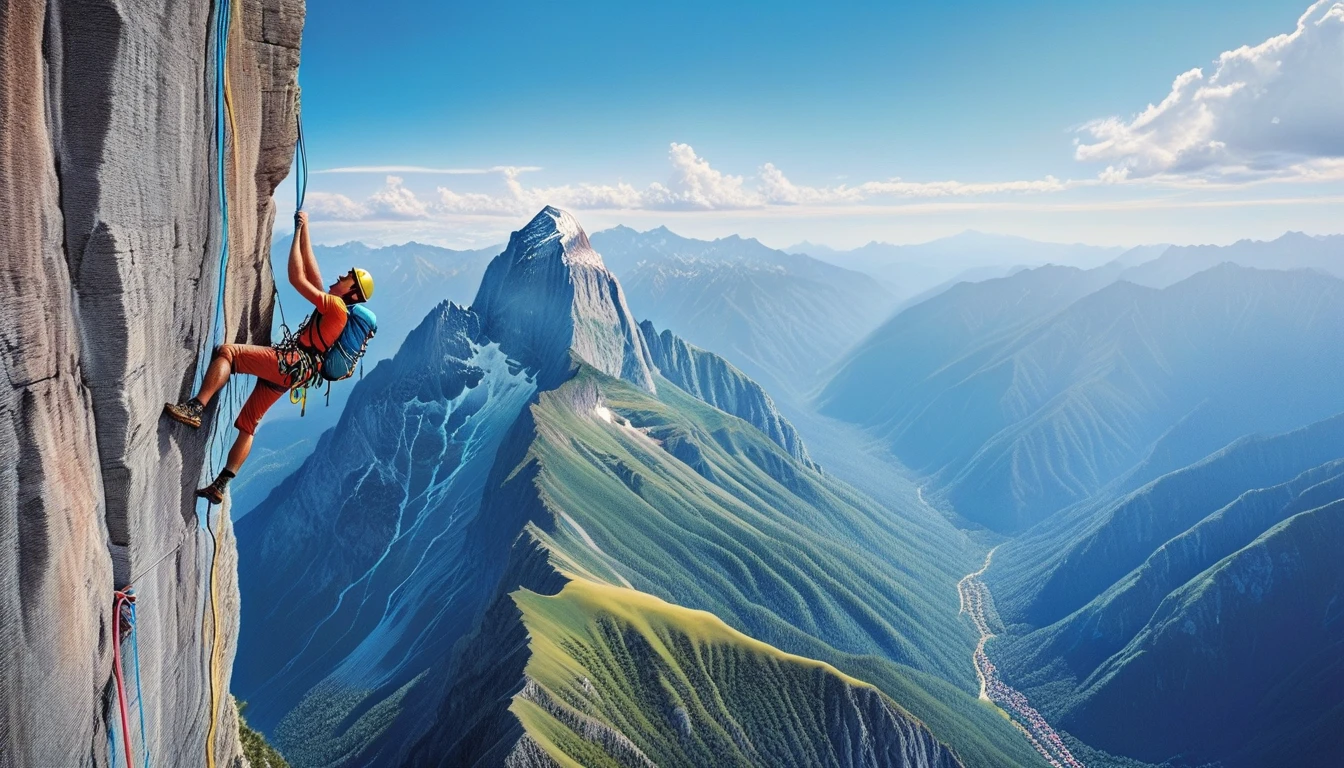 A colorful and eclectic photograph in a photorealistic and Movie style. A climber hangs halfway up a very high mountain,，full-body shot, Far away from the screen, From head to toe. Mountains in the background，The sky is blue, The work presents a sense of layering, Three-dimensional quality, It&#39;s as if the different elements are glued to the canvas in a natural and real way. The work evokes a feeling of introspection and complex thoughts. The mixed media feel of the piece contributes to a tactile and immersive experience, Leading the audience to explore the depth of climbers&#39; thoughts and emotions. Add more, photo, Fashion, Energetic, 3D Rendering, Movie, landscape.