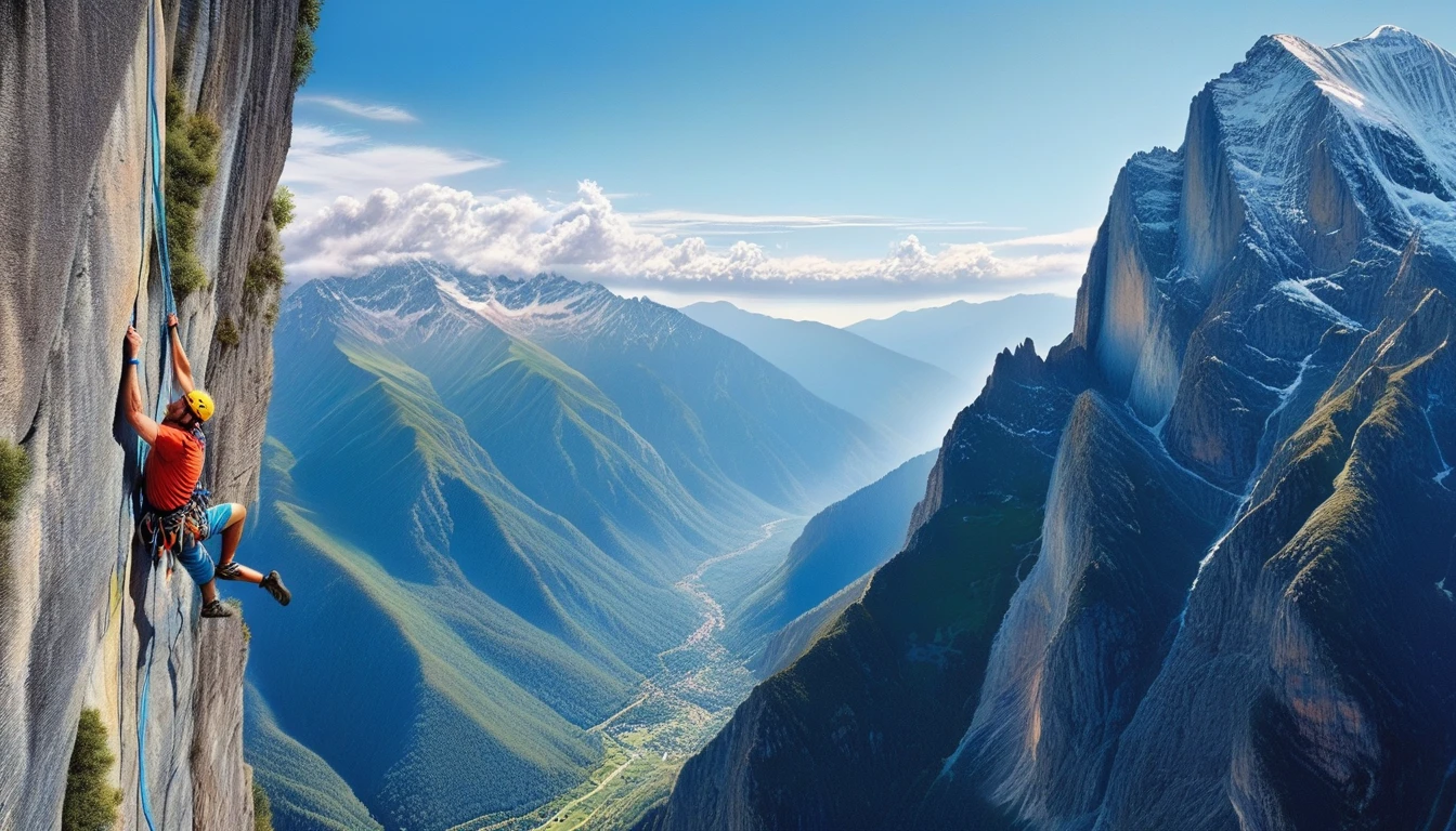 A colorful and eclectic photograph in a photorealistic and Movie style. A climber hangs halfway up a very high mountain,，full-body shot, Far away from the screen, From head to toe. Mountains in the background，The sky is blue, The work presents a sense of layering, Three-dimensional quality, It&#39;s as if the different elements are glued to the canvas in a natural and real way. The work evokes a feeling of introspection and complex thoughts. The mixed media feel of the piece contributes to a tactile and immersive experience, Leading the audience to explore the depth of climbers&#39; thoughts and emotions. Add more, photo, Fashion, Energetic, 3D Rendering, Movie, landscape.