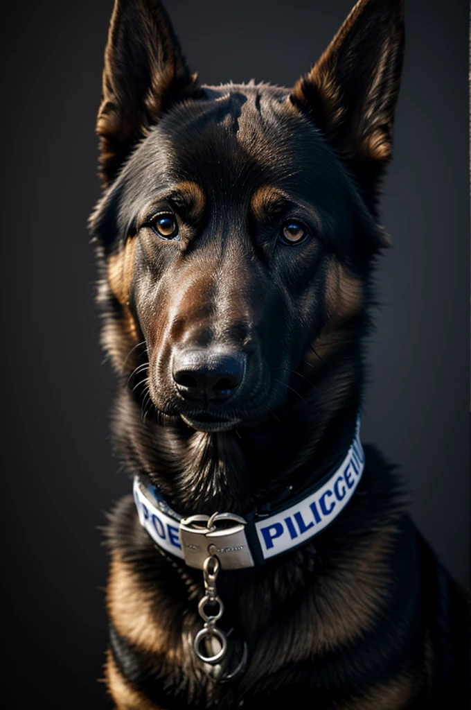German shepherd dressed as a police officer black background