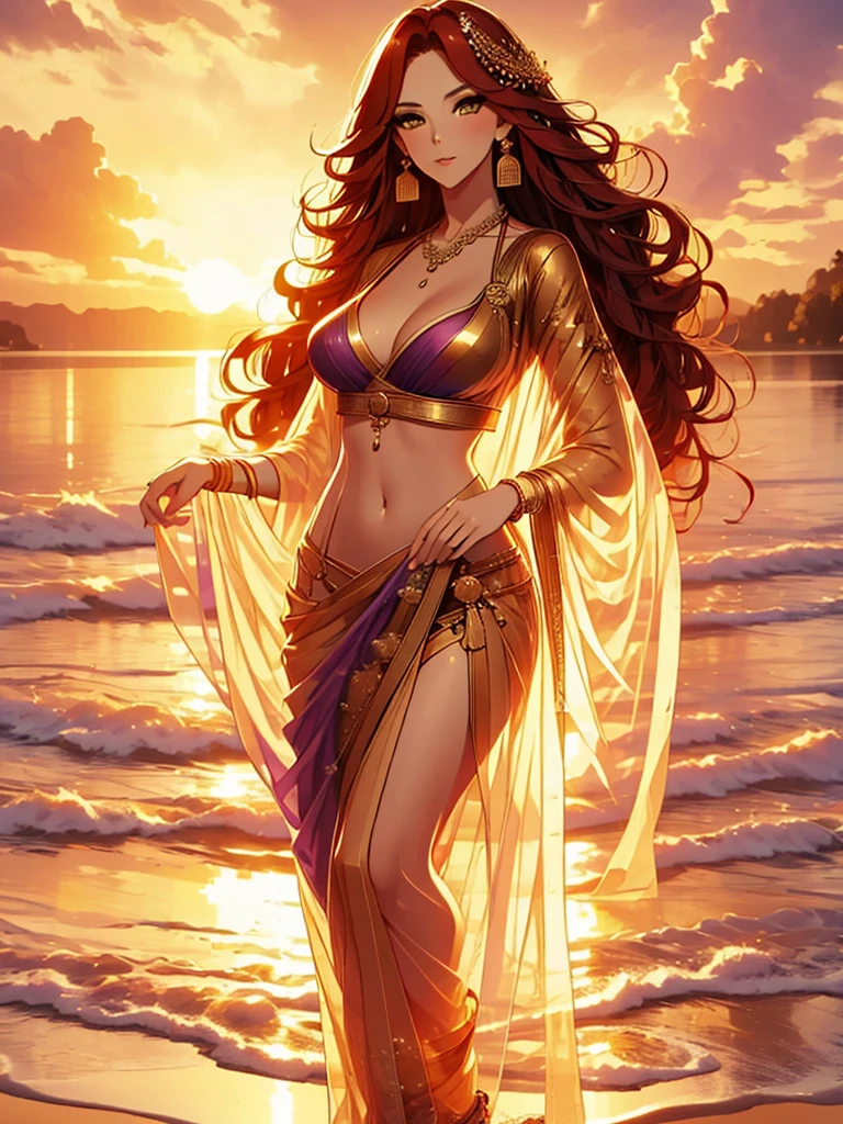 (absurderes, A high resolution, Ultra detailed, hdr), masterpiece, best quality, indian ,nami, extreme realistic very beautiful, animated style, full body shot, anime in (((purple))) Indian dress transparent ((( sari ))), headwear, necklace, earrings, bracelets, bangles and bracelets, rings, pleasant expression, natural beauty, night sky, vintage aesthetics, navel, cleavage, standing, beautiful face, detailed eyes, red wavy hair, golden eyes,