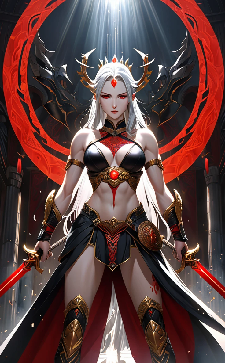 1girl, extremely detailed eyes and face, long eyelashes, pale flawless skin, intricate deep red markings, pulsating with mystical energy, glacial gray eyes, penetrating the soul, infinite wisdom, unwavering determination, cascading white hair, dramatically contrasting red tattoos, tall and slender, well-defined muscles, grace and strength, broad shoulders, powerful arms, warrior and judge, long sword with blood-red blade radiating power and justice, golden symbols glowing with inner light, golden medallion with scales symbol, crown of golden rays emanating from forehead like halo, elevated status among deities, pure of purpose, minimalistic black outfit, accentuating athletic form, revealing red markings, balance of practicality and symbolism, freedom of movement, commitment to raw truth, (best quality,8k,ultra-detailed,photo-realistic:1.37),cinematic lighting,dramatic chiaroscuro,epic fantasy art,dark fantasy,concept art,digital painting, semi naked