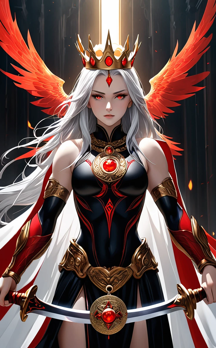 1girl, extremely detailed eyes and face, long eyelashes, pale flawless skin, intricate deep red markings, pulsating with mystical energy, glacial gray eyes, penetrating the soul, infinite wisdom, unwavering determination, cascading white hair, dramatically contrasting red tattoos, tall and slender, well-defined muscles, grace and strength, broad shoulders, powerful arms, warrior and judge, long sword with blood-red blade radiating power and justice, golden symbols glowing with inner light, golden medallion with scales symbol, crown of golden rays emanating from forehead like halo, elevated status among deities, pure of purpose, minimalistic black outfit, accentuating athletic form, revealing red markings, balance of practicality and symbolism, freedom of movement, commitment to raw truth, (best quality,8k,ultra-detailed,photo-realistic:1.37),cinematic lighting,dramatic chiaroscuro,epic fantasy art,dark fantasy,concept art,digital painting, semi naked