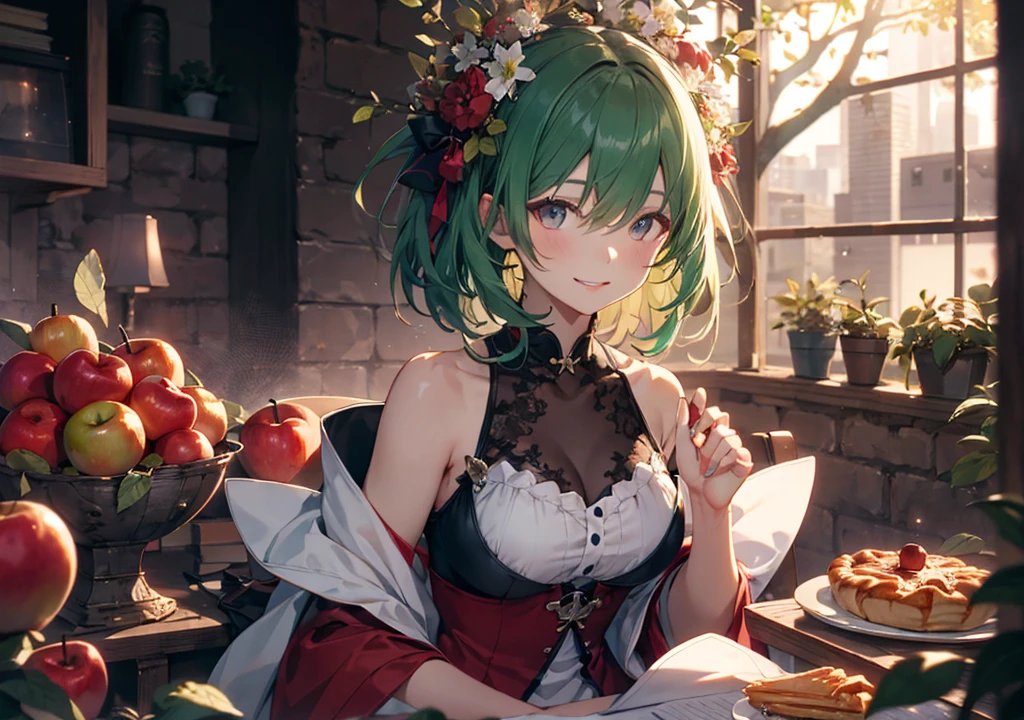 Realistic photos, Focus distance 10mm, Red and white, A big smile, Beautiful girl, Realistic photos, Focus distance 10mmで撮影, masterpiece, 最high quality, high quality, Very detailed CG 8k wallpaper unit, Award-winning photography, Depth of written boundary, High resolution, bloom, chromatic aberration, Realistic, Very detailed, Art Station Trends, CGsociety Trends, Complex, High detail, dramatic, volumetric lighting, A beautiful girl who is an anthropomorphized apple pie。Apple Green Hair, Puff pastry design dress, Apple tree in the background