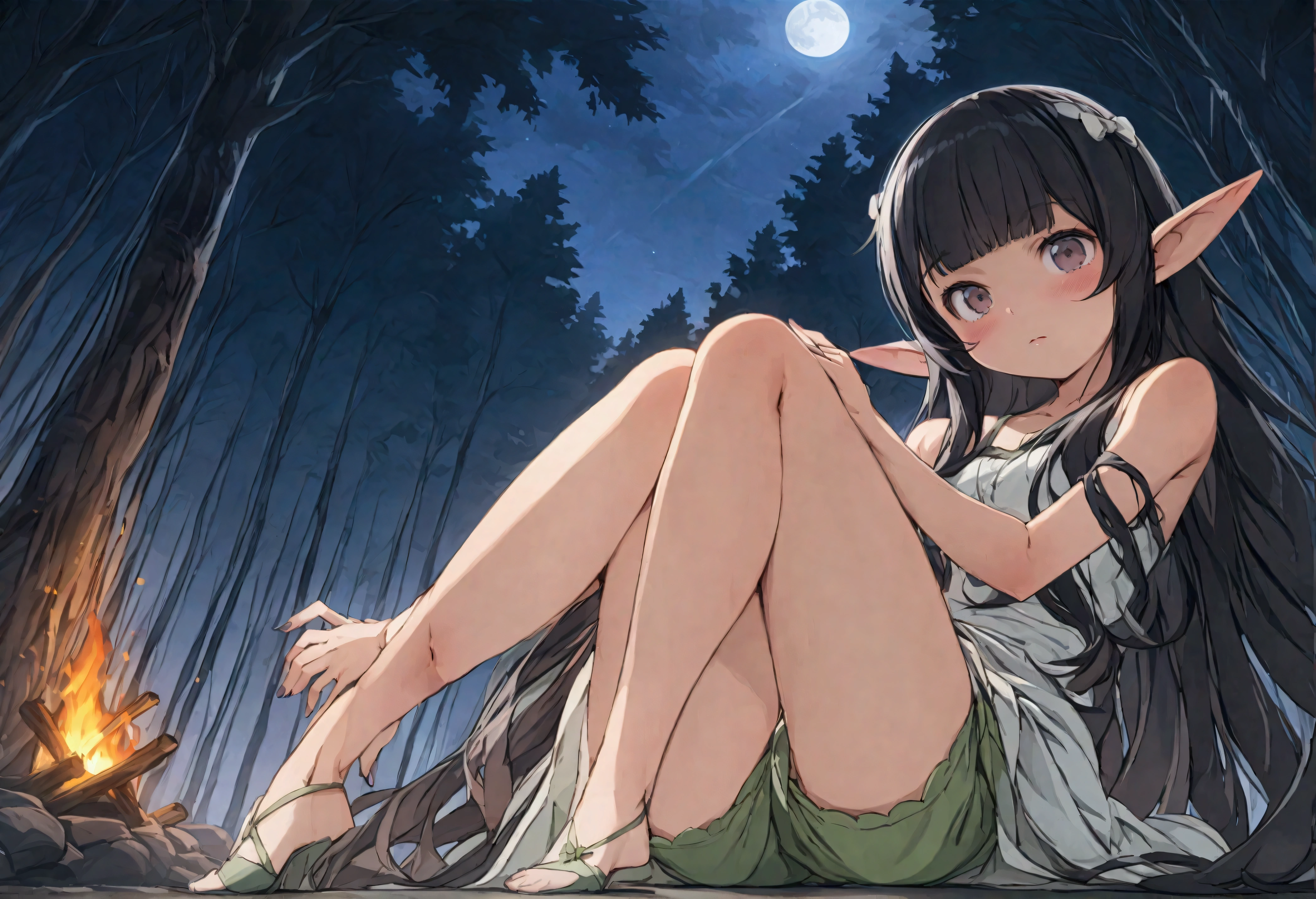 (masterpiece, best quality, top quality, high resolution, highres), (insanely detailed, ultra-detailed, super detailed, highly detailed) ,(HDR, uhd), (studio lighting), ultra-fine drawing, sharp focus, physically based rendering, professional, vibrant colors,
アニメ, cartoon, kawaii, how,
Long shot, panorama, Distant view,
from below, cowboy shot,
(((a girl, 独奏))), elf girl, Elf Ears,
Close eyes, Tilt head, Sitting with legs crossed, Sleeping while sitting with knees hugged,
(((night, midnight, moonlight))),
(((forest, deep forest, one bonfire))),
medieval European clothing, adventurer's clothing,