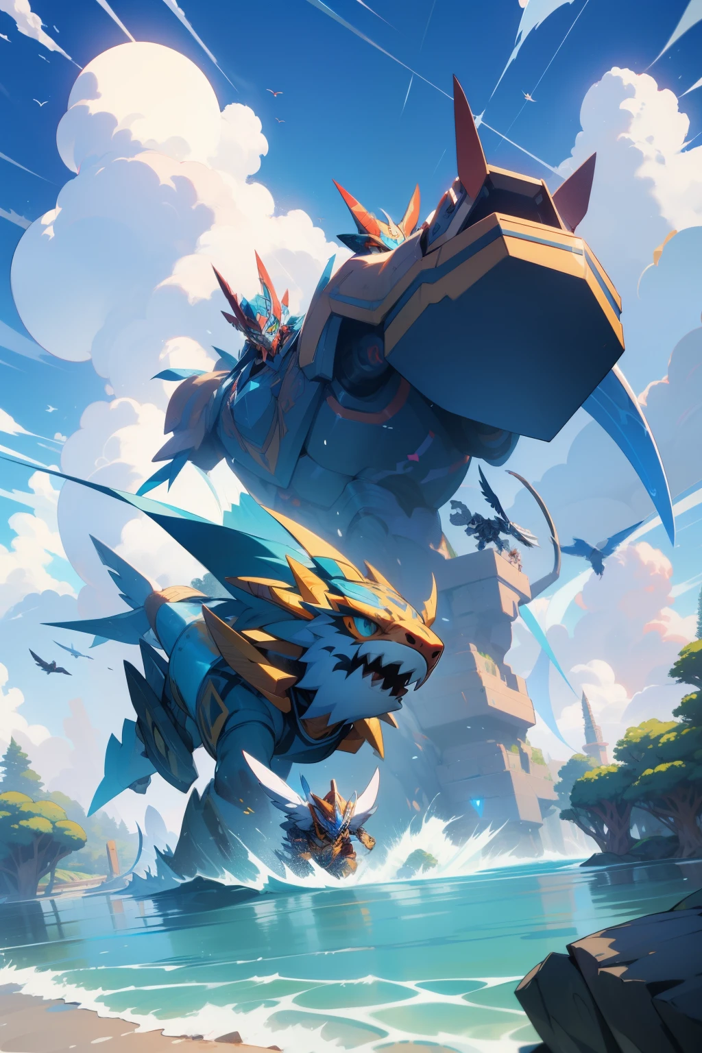 Gigantic robot amalgamation, a fusion of mighty shark, tiger, and eagle, stands tall. Its design echoes the concept of Transformers, a harmonious blend of aquatic power, ferocious feline strength, and avian agility. The robot's body shimmers with an ethereal, metallic sheen, reminiscent of the sea's depths, the forest's terrain, and the sky's expanse. The headpiece, featured with the sharp beak of an eagle, pierces the sky, while the powerful fins and limbs resemble those of a tiger shark, ready to strike at a moment's notice