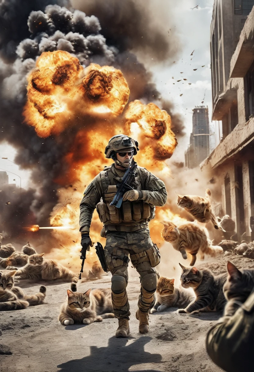 cinematic photo, realistic, modern battlefield cats versus humans, cats wearing modern combat camouflage uniforms, fighting on battlefield, guns, shots, fire, smoke, explosion, flying parts, film grain, 8k, uhd, insane detailed, award-winning photo, epic composition, movie poster