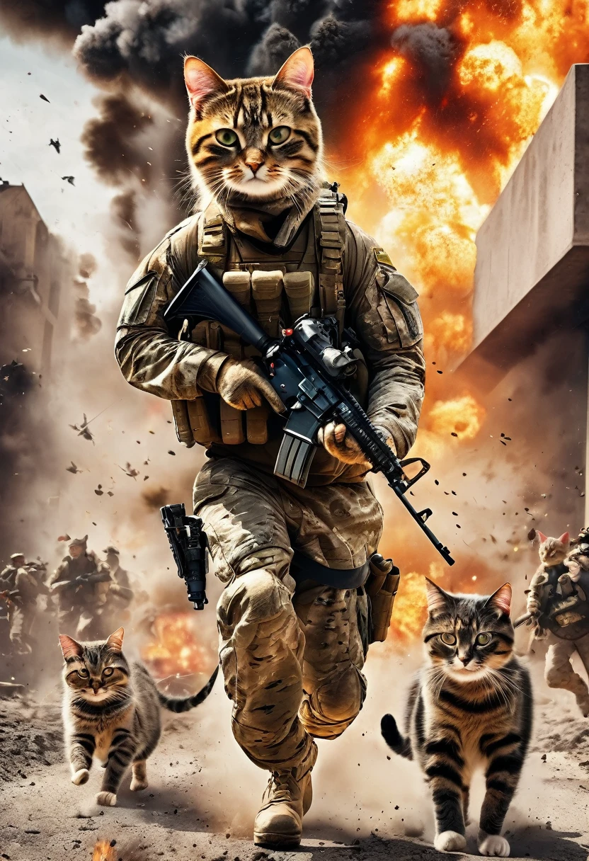 cinematic photo, realistic, modern battlefield cats versus humans, cats wearing modern combat camouflage uniforms, fighting on battlefield, guns, shots, fire, smoke, explosion, flying parts, film grain, 8k, uhd, insane detailed, award-winning photo, epic composition, movie poster