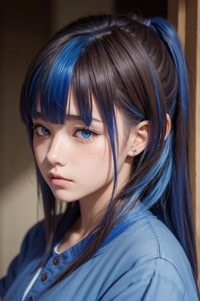 Create an anime of a girl with brown roots and blue tips and a scar on her face and wearing blue clothes