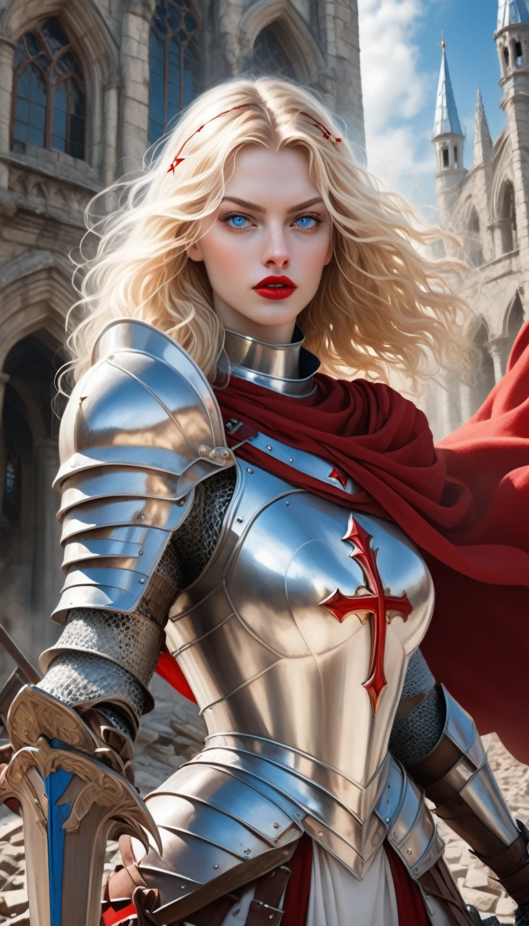 a beautiful white European woman with blonde hair, blue eyes, charming red lips, wearing white medieval European steel armor with a hint of red, carrying the sword Excalibur and a shield bearing the cross.,is fighting fiercely against the devil with a background of collapsed ancient buildings dominated by white with messy buildings