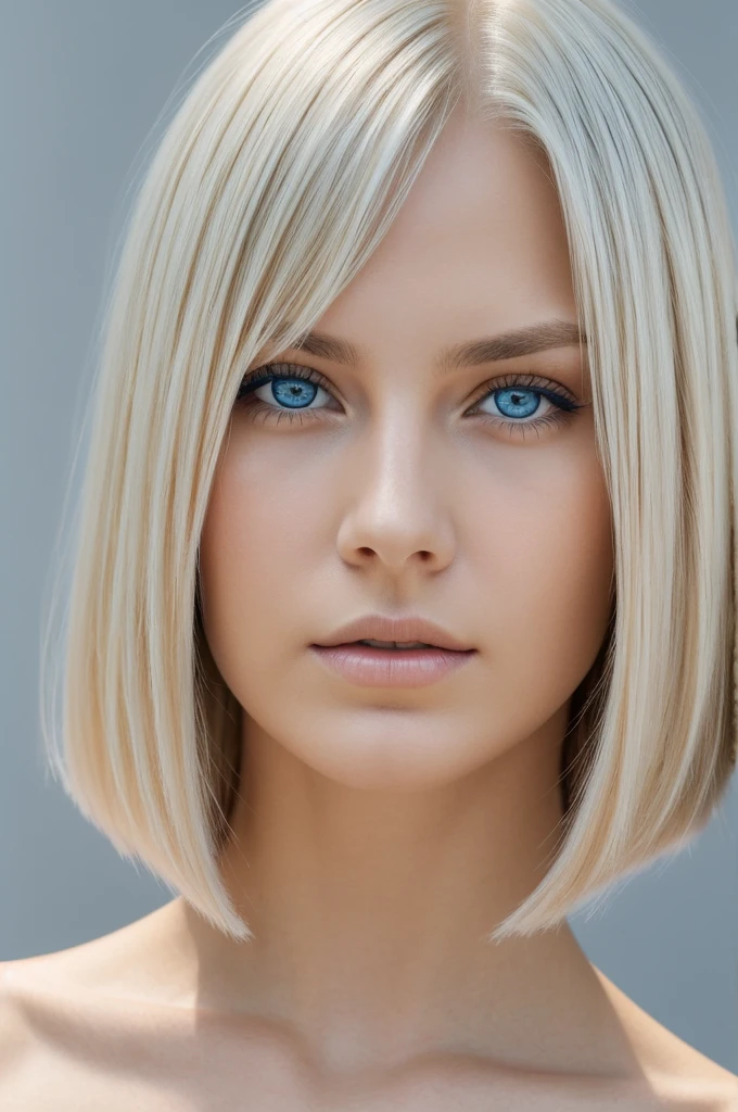Create a high-quality close-up front view portrait of a young woman with straight, platinum blonde hair, styled in a sleek bob. She has striking blue eyes, a flawless fair complexion, and a subtle, serious expression. The background should be a simple, neutral color to keep the focus on her face.