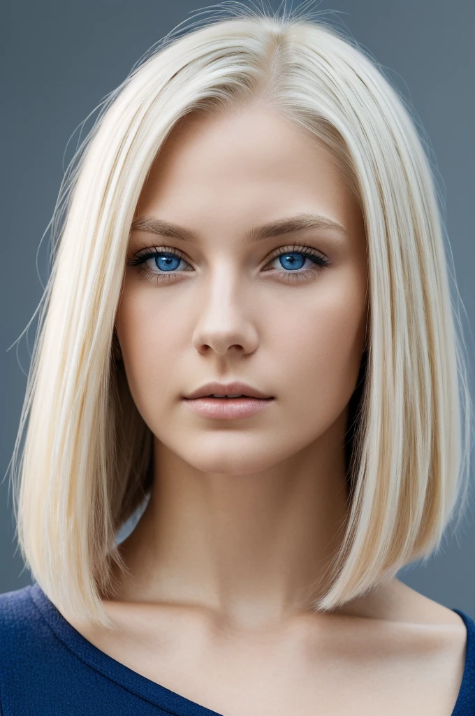Create a high-quality close-up front view portrait of a young woman with straight, platinum blonde hair, styled in a sleek bob. She has striking blue eyes, a flawless fair complexion, and a subtle, serious expression. The background should be a simple, neutral color to keep the focus on her face.