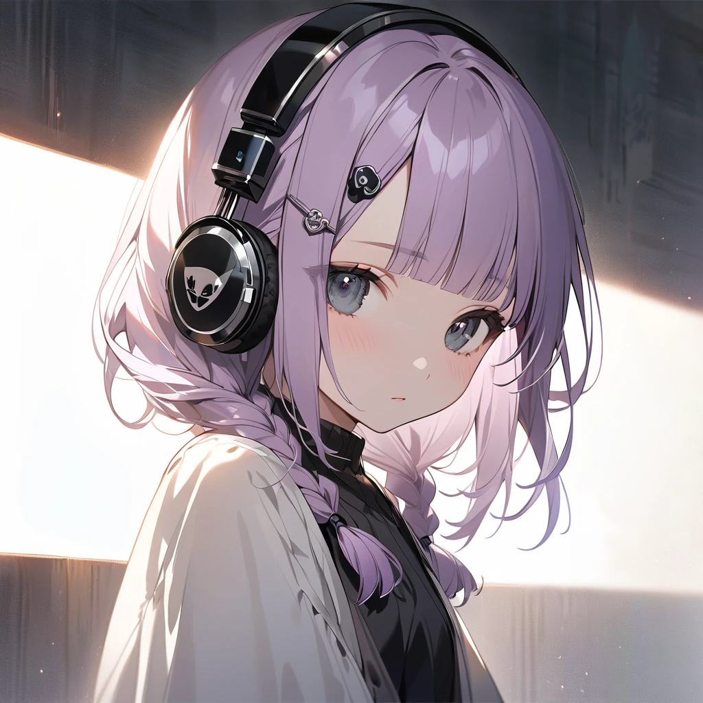 (Cute a girl:1.5), (a chibi girl with closs hair pin, pale purple hair, wavy two braids, blunt bangs hair, green and black eyes:1.4), anime visual, (tilt head:1.3), realistic lighting and shading, (an extremely delicate and beautiful art:1.3), (from side:1.5), (black-colored Square shaped headphones headphones:1.5), Marshall logo on headphones, looking lonely