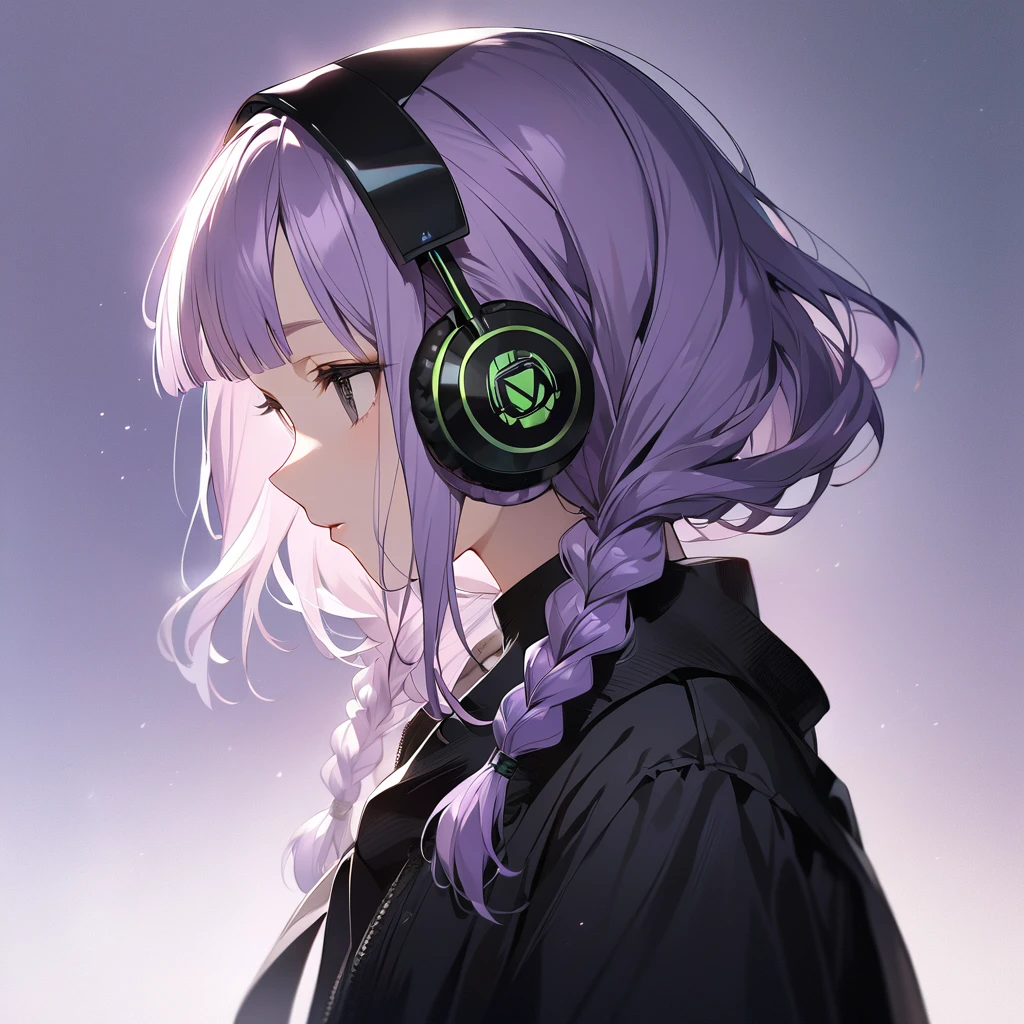 (Cute a girl:1.5), (a chibi girl with closs hair pin, pale purple hair, wavy two braids, blunt bangs hair, green and black eyes:1.4), anime visual, (tilt head:1.3), realistic lighting and shading, (an extremely delicate and beautiful art:1.3), (from side:1.5), (black-colored Square shaped headphones headphones:1.5), Marshall logo on headphones, looking lonely