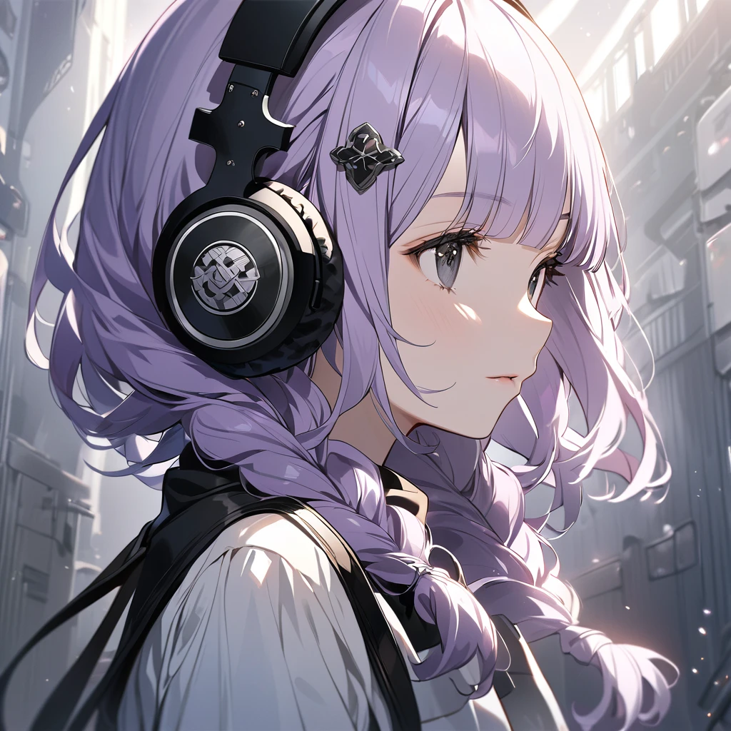 (Cute a girl:1.5), (a chibi girl with closs hair pin, pale purple hair, wavy two braids, blunt bangs hair, green and black eyes:1.4), anime visual, (tilt head:1.3), realistic lighting and shading, (an extremely delicate and beautiful art:1.3), (from side:1.5), (black-colored Square shaped headphones headphones:1.5), Marshall logo on headphones, looking lonely