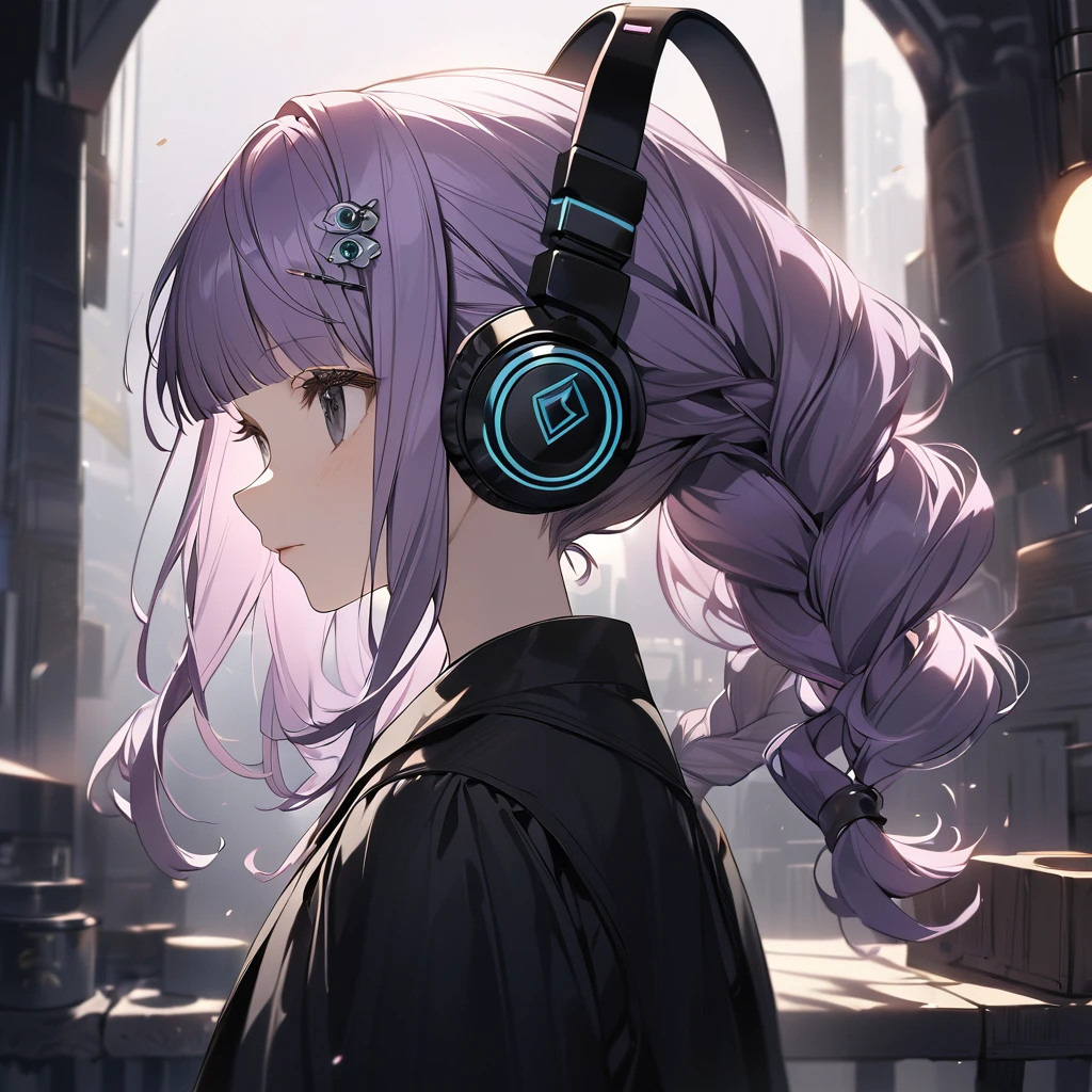 (Cute a girl:1.5), (a chibi girl with closs hair pin, pale purple hair, wavy two braids, blunt bangs hair, green and black eyes:1.4), anime visual, (tilt head:1.3), realistic lighting and shading, (an extremely delicate and beautiful art:1.3), (from side:1.5), (black-colored Square shaped headphones headphones:1.5), Marshall logo on headphones, looking lonely