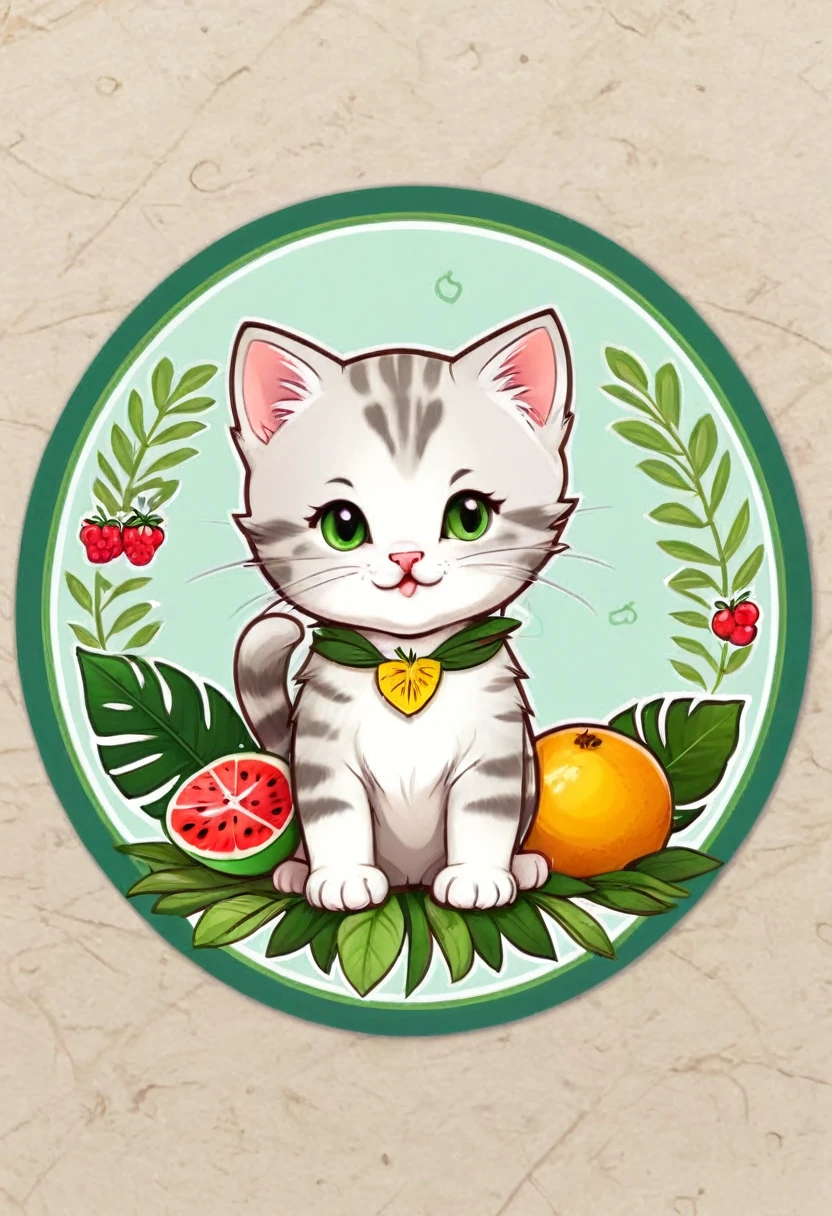 sticker,At the center, (little kitten)，happy expressions，cute clothes，in circle with wild fruits, hawaiian background, green border，Simpler, ultra detaild, drawning detalhado, vectorised, 8k, design de sticker profissional, flat design, vector lines, sticker, drawning, drawning, Full HD