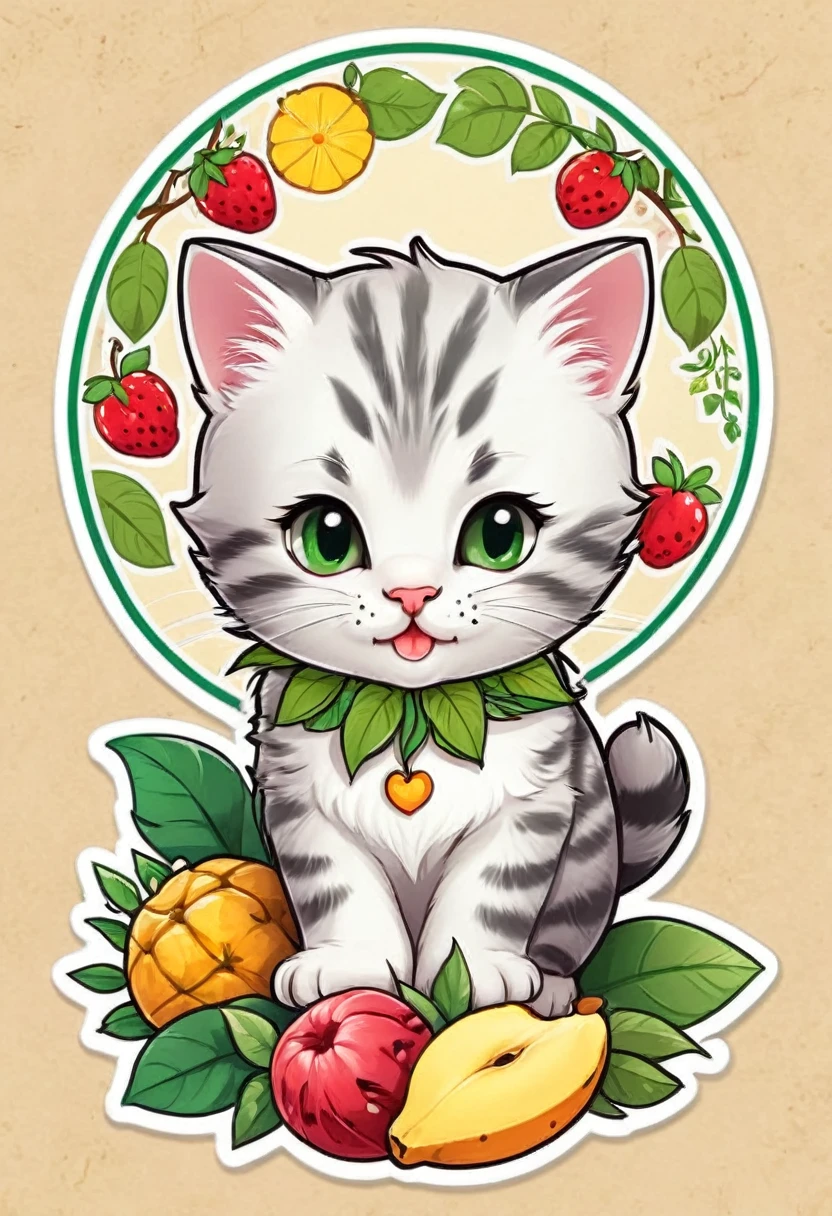 sticker,At the center, (little kitten)，happy expressions，cute clothes，in circle with wild fruits, hawaiian background, green border，Simpler, ultra detaild, drawning detalhado, vectorised, 8k, design de sticker profissional, flat design, vector lines, sticker, drawning, drawning, Full HD