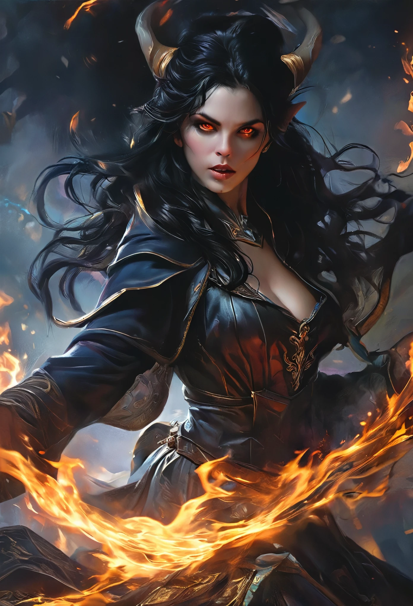 A beautiful female demon, glowing eyes in the night, porcelain skin, sharp fangs, long black hair, sinister expression, dark horns, flowing dark robe, dramatic lighting, moody atmosphere, gothic fantasy, dramatic chiaroscuro, cinematic composition, rich colors, deep shadows, dramatic pose