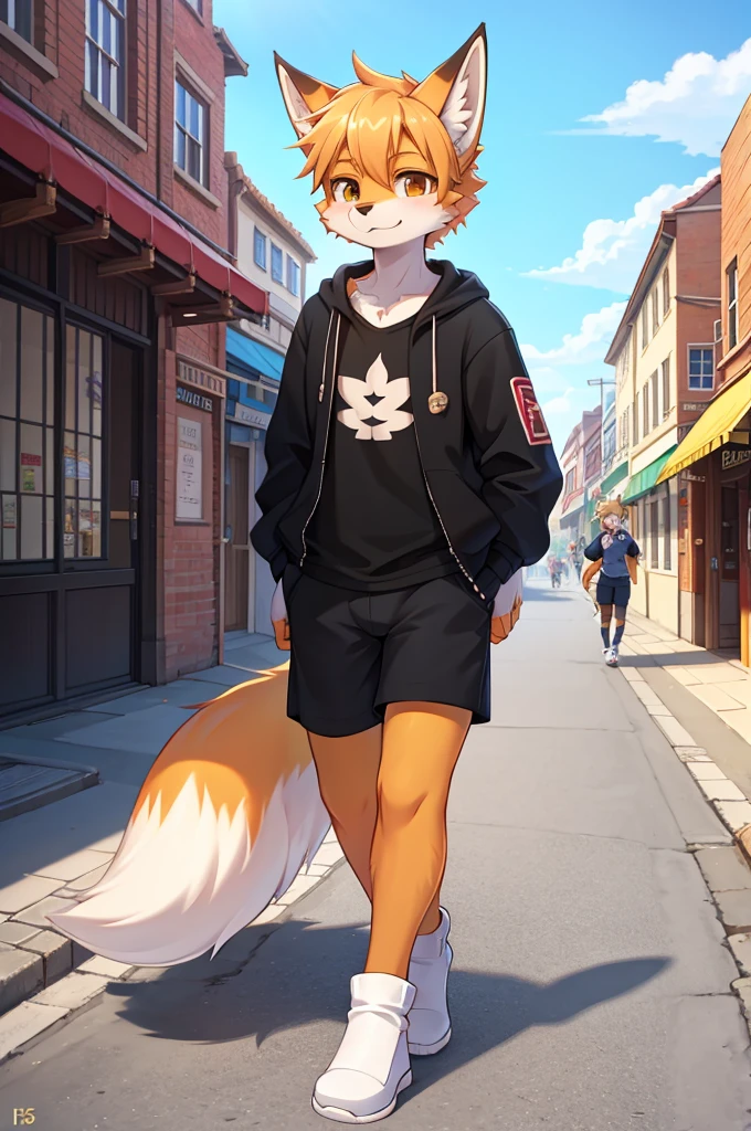 fox boy,Street style clothing,8k resolution,                Walking through town,It's bright outside,sunny,,Age is   