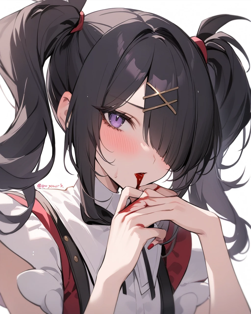 masterpiece,Highest quality,candy \(Needy girl overdoses\), One girl, alone, Twin tails, Black Hair, Hair on one eye, Purple eyes, View your viewers, blush, x Hair accessories, Manicure, Black nails, username, suspenders, One eye is covered, Blood splatter, Red nails, bangs, White Background, Upper Body, Offer your mouth, Hair Clip, Black Ribbon