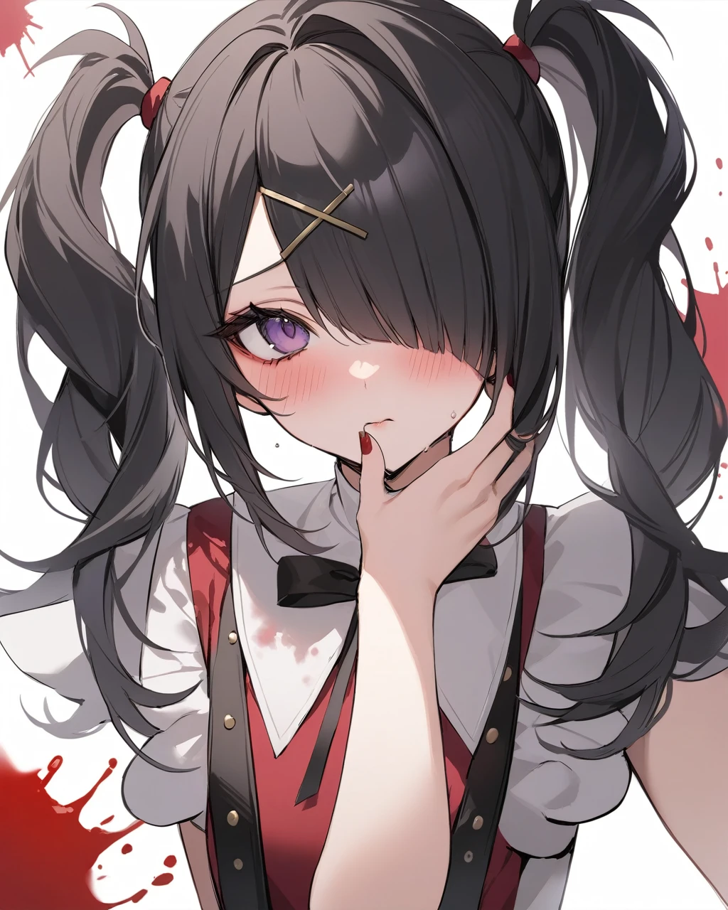 masterpiece,Highest quality,candy \(Needy girl overdoses\), One girl, alone, Twin tails, Black Hair, Hair on one eye, Purple eyes, View your viewers, blush, x Hair accessories, Manicure, Black nails, username, suspenders, One eye is covered, Blood splatter, Red nails, bangs, White Background, Upper Body, Offer your mouth, Hair Clip, Black Ribbon