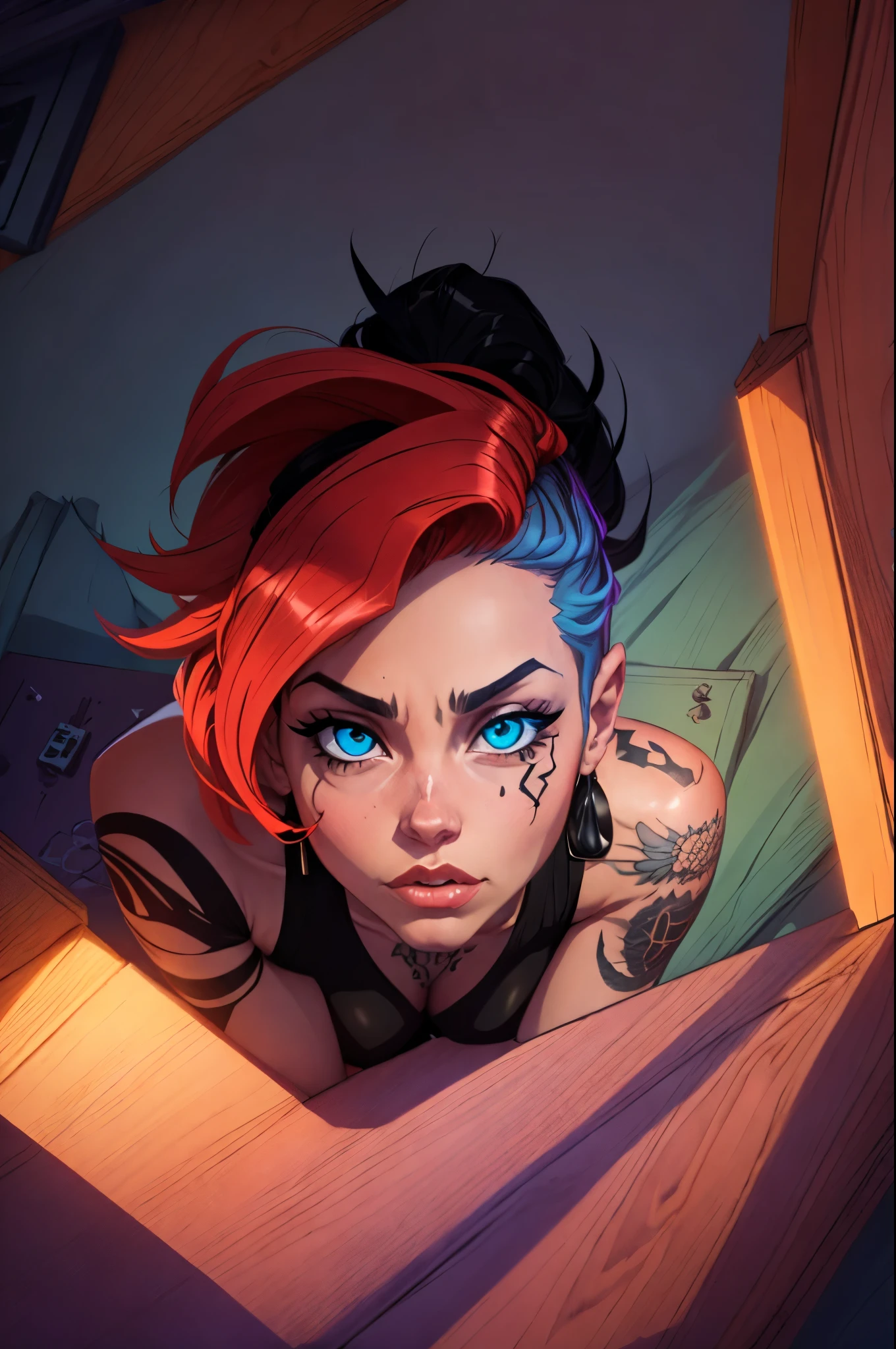 (In style of the 80s and 90s). anime female character, short colored hair, blue eye color, wearing sunglasses, black tattoo on neck , in the hack room, bottom view, digital painting "lighting": "dramatic red light, deep shadows", "resolution": "8K, ultra-detailed", (full length), no posing